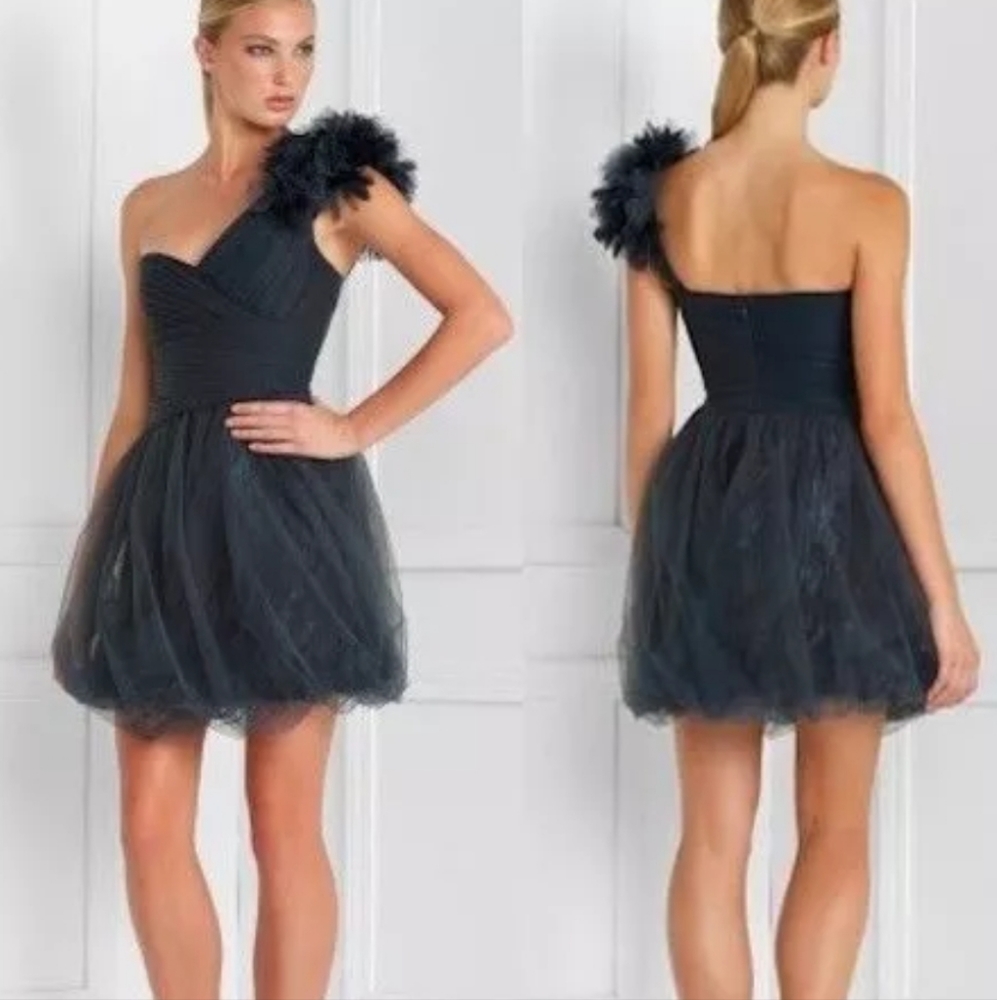 NWT BCBG MAXAZRIA Dark Blue Grey Metallic Tulle Overlay One Shoulder Party Dress